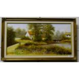 G Heath, contemporary, Wild flower meadow before country cottage, signed oil on canvas, 29.5cm by