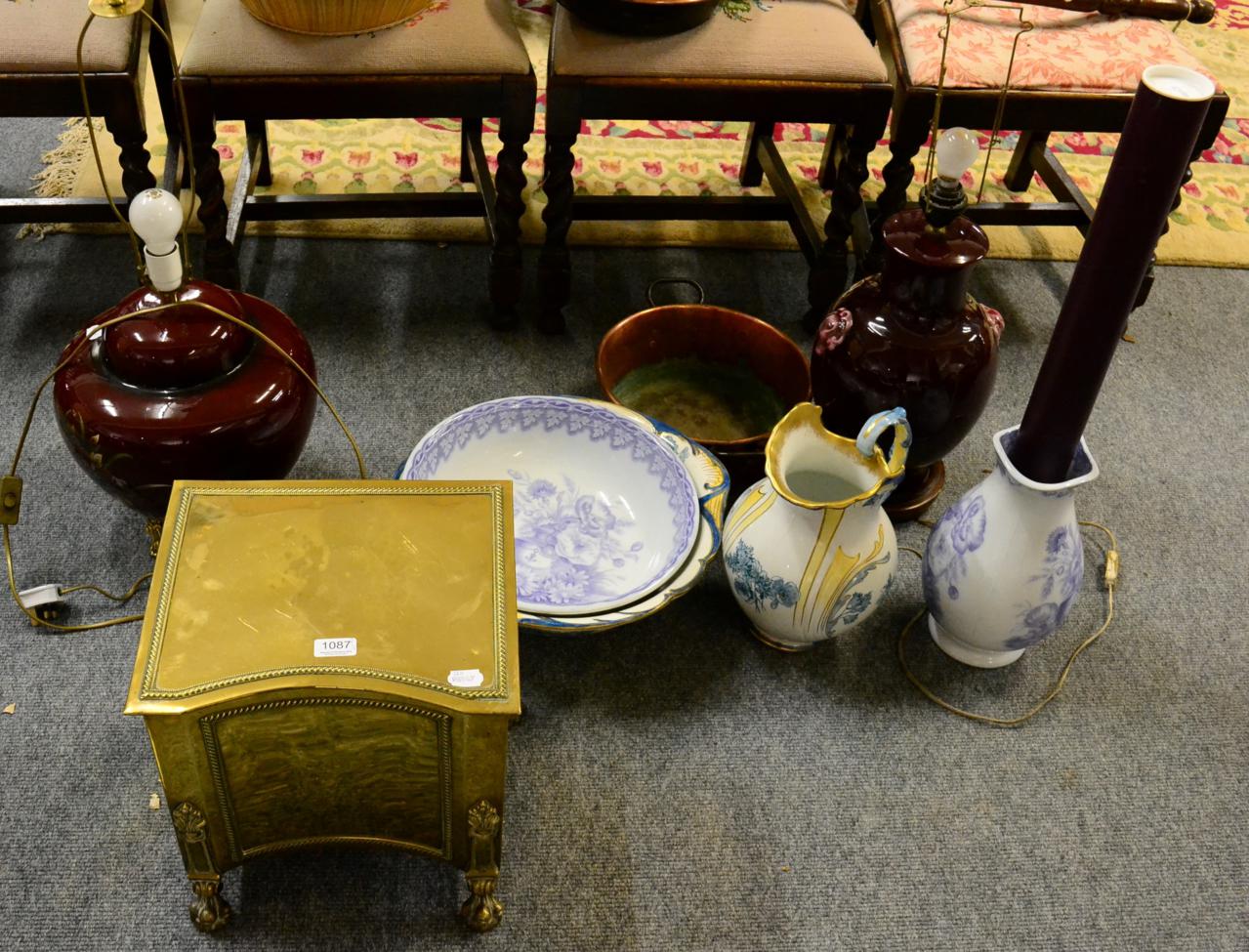 A selection of items comprising of a coal scuttle; a brass pan; two moden table lamps and two