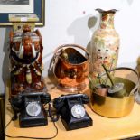 A pottery elephant garden seat; a Japanese vase; a copper coal bucket; a jam pan; ring dial