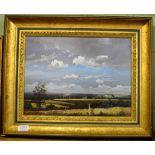 Peter Newcombe, Country landscape, signed and dated 1975, oil on canvas, 29cm by 39cm