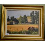 Robert Naylor, Burgundy landscape with farm builidng, signed oil on board, 28.5cm by 39cm