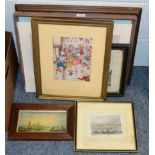 Three oil on boards depicting landscape and woodland scenes, an unframed print ''The Lion Inn''