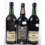 Cockburns Vintage Port 1967 2 bottles, Dow's Vintage Port 1962 1 bottle (3 bottles in total)