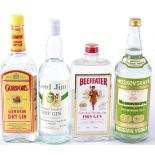 Lord Jim Gin, old bottling, 1 bottle; Beefeater Gin, 1 bottle; Gordons Gin, old bottling, 1