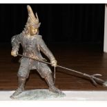 A Japanese Bronze Figure of a Samurai, Meiji period, standing holding a three-prong spear in both