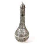 A Persian White Metal Mounted Glass Bottle and Stopper, late 19th century, of pear shape allover