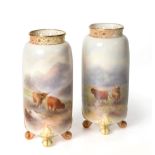 A Pair of Royal Worcester Porcelain Vases, by Harry Stinton, 1906, of rounded cylindrical form