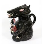 A Staffordshire Pearlware Bear Jug and Cover, early 19th century, the seated animal with brown