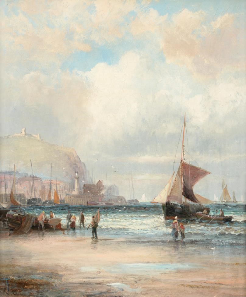 William Thornley (c.1830-1898) Unloading the boats, Scarborough Signed, oil on canvas, 34cm by