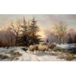 Alexis de Leeuw (1848-1883) Belgian A shepherd herding sheep through a winter landscape Signed,