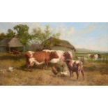 Charles Collins RBA (1851-1921) Cows before a barn Signed and dated 1885, 64cm by 125cm