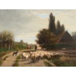 Joseph Foxcroft Cole (1837-1892) American A village scene with figures, shepherd and sheep Signed,