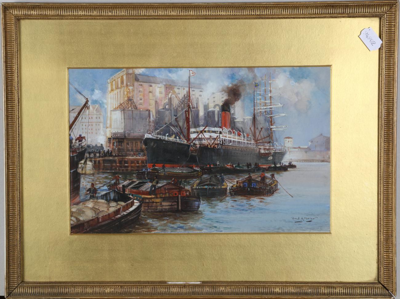 Frank Henry Mason RBA, RI, RSMA (1875-1965) Unloading barges in Bristol harbour Signed, - Image 3 of 3