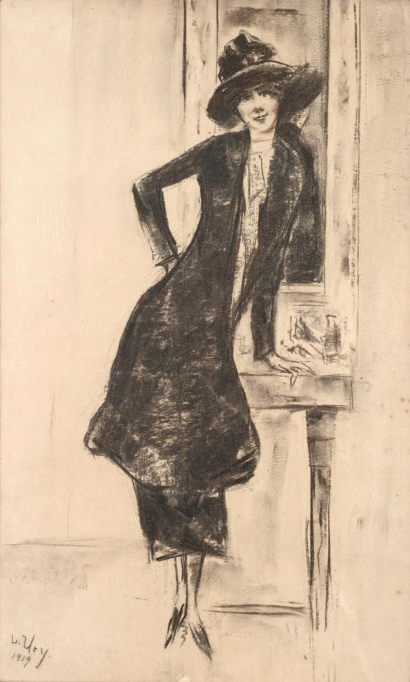 Attributed to Leo Lesser Ury (1861-1931) German An elegant lady leaning on a ledge before a mirror