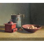 Henk Helmantel (b.1945) Dutch Still life of a coffee grinder, metal bucket and a bowl of eggs