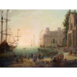 After Claude Lorrain (1604/5-1682) French Capriccio of figures in a harbour before the Villa