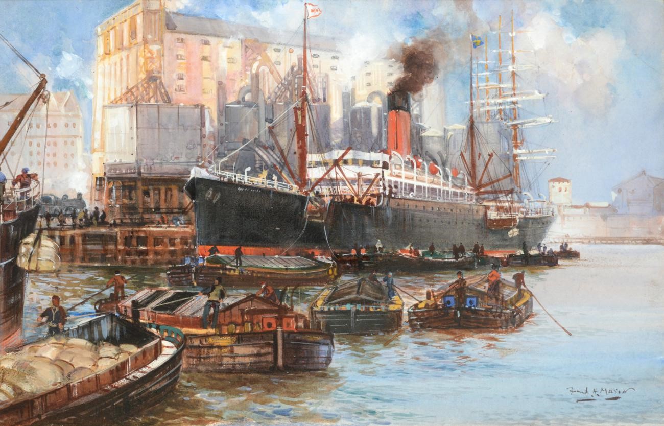 Frank Henry Mason RBA, RI, RSMA (1875-1965) Unloading barges in Bristol harbour Signed,