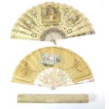 An Early 20th Century Pink Mother-of-Pearl Fan, the double silk leaf of very dark cream depicting