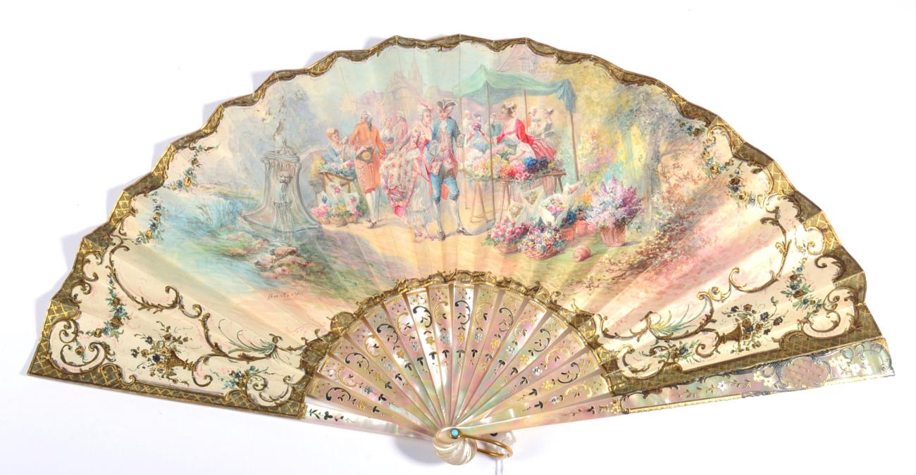A Late 19th Century Silvered and Gilded Mother-of-Pearl Fan, mounted with a double leaf, the recto