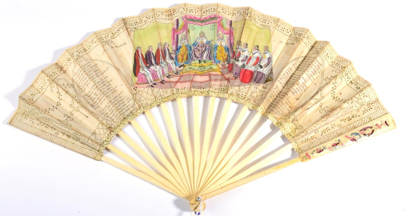 France, 1787, A Printed Fan, with double leaf mounted on carved bone sticks, the upper guards