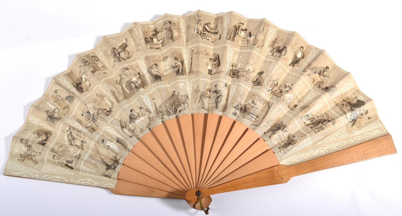 Circa 1880's, A Fan, with wooden monture and double cotton leaf, printed with a series of amusing