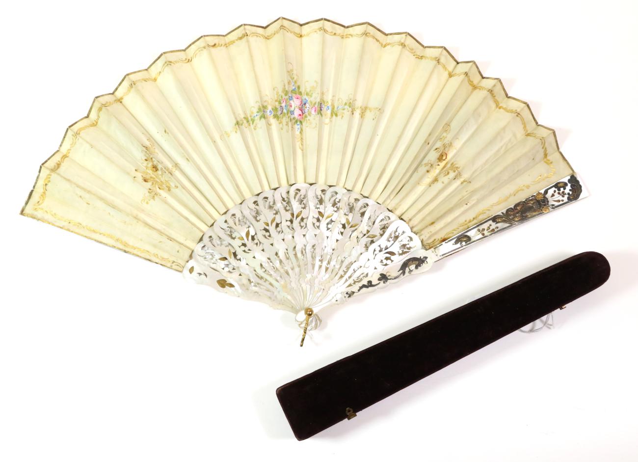 A Mid-19th Century Mother-of-Pearl Fan, the monture gilded and silvered, carved and pierced. The - Image 2 of 2