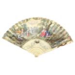 An Early 18th Century Ivory Fan, the monture carved, pierced and inlaid with mother of pearl. The