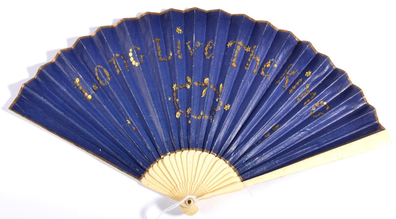 Circa 1803, A Dainty Fan, with royal blue double paper leaf mounted on slender bone sticks made to