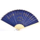 Circa 1803, A Dainty Fan, with royal blue double paper leaf mounted on slender bone sticks made to