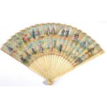 Pilgrims: A Rare Ivory Fan, Circa 1750, with carved and pierced sticks, the gorge carved with