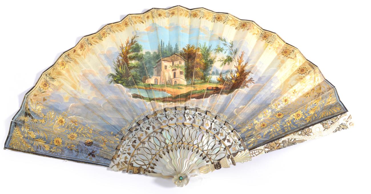 Circa 1830's, A Mother-of-Pearl Fan, with carved, pierced and gilded mother-of-pearl sticks, the - Image 2 of 3