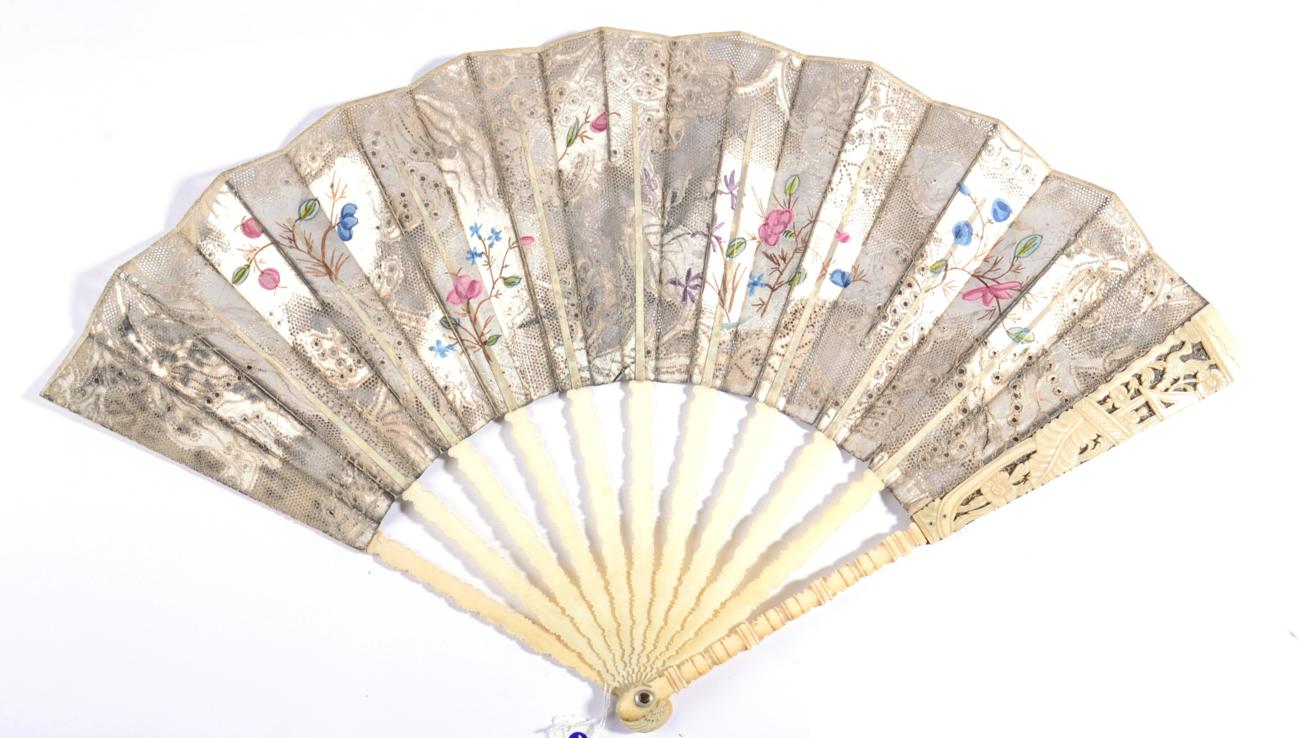 A Mid-18th Century Fan in the Chinoiserie Style, découpé, the single paper leaf in silver and - Image 2 of 2