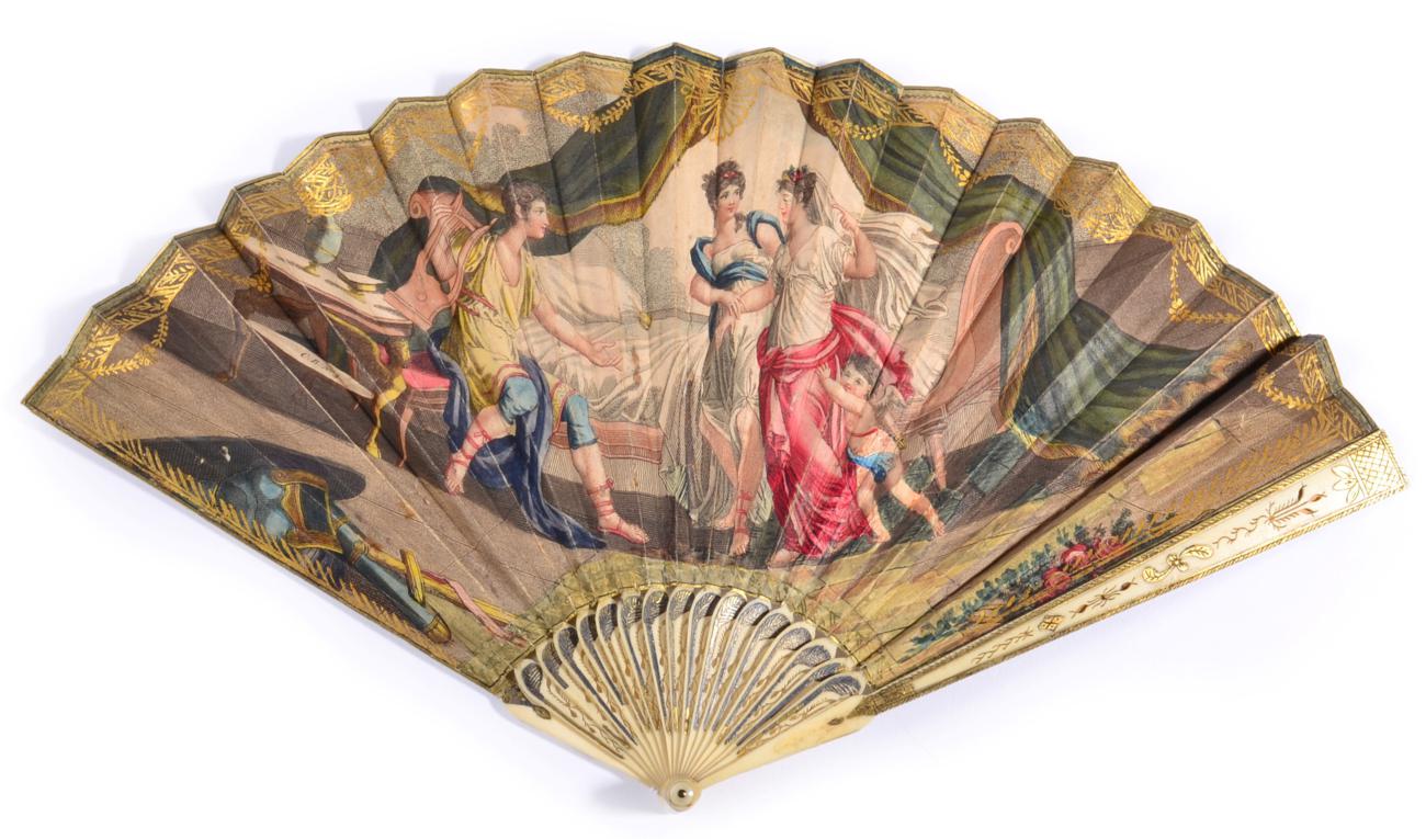 A Wedding Fan, Regency Period, the monture of pierced and gilded ivory sticks, the double leaf