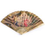 A Wedding Fan, Regency Period, the monture of pierced and gilded ivory sticks, the double leaf