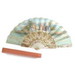 A Mid-19th Century Mother-of-Pearl Fan, the monture carved, pierced and gilded, the gorge sticks