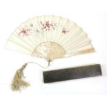 A Dainty Early 20th Century Fan, the double embroidered cream silk leaf mounted on pink mother of