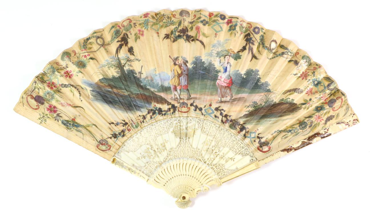 An Early 18th Century Ivory Fan, the monture carved, pierced and inlaid with mother of pearl. The - Image 2 of 3