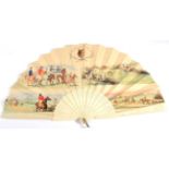 A Mid-19th Century Bone Fan, the monture pierced and carved, the printed and hand coloured double