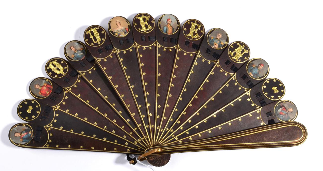 Queen Victoria: Circa 1837, A Reddish Brown Leather Brisé Fan, issued to celebrate the coronation of