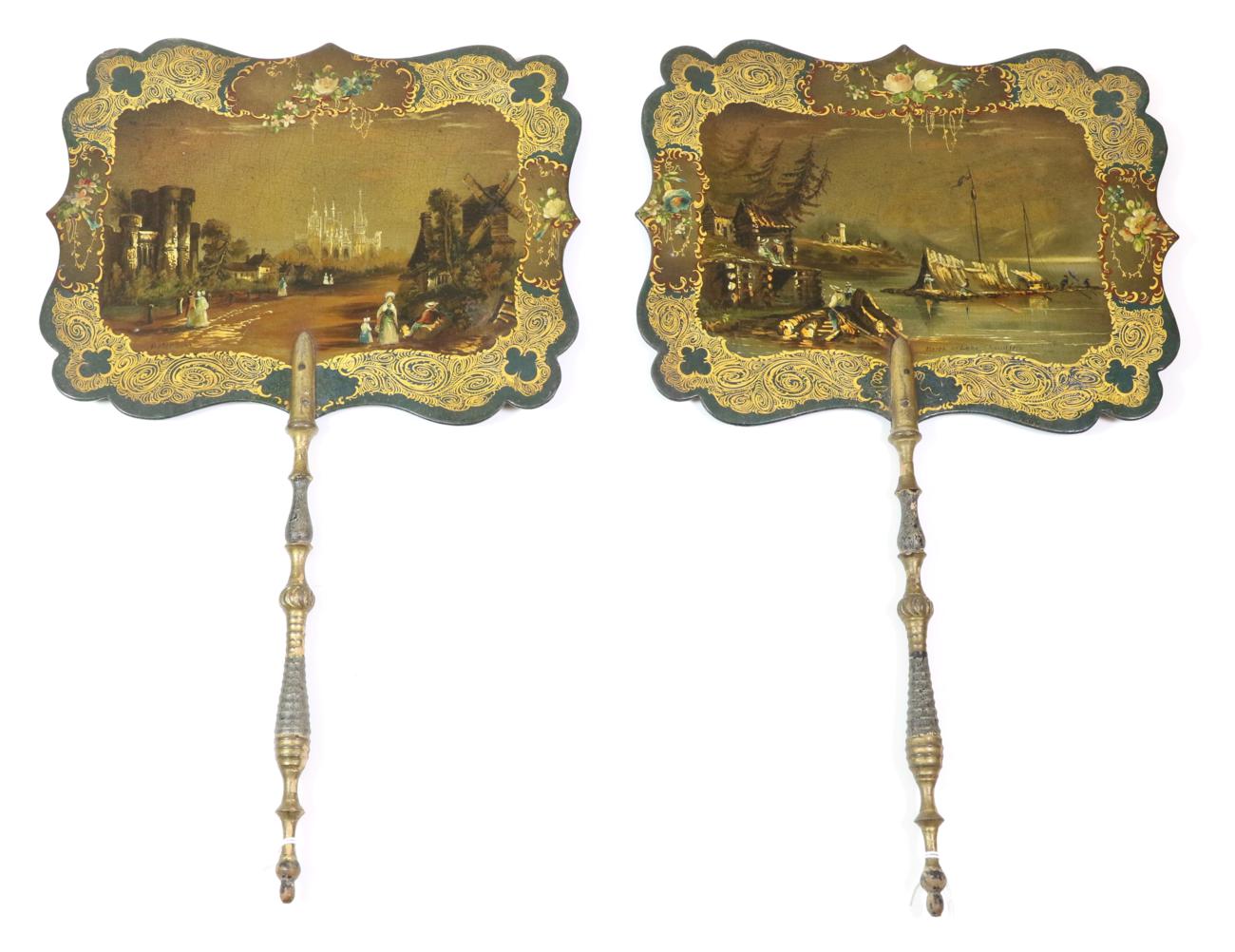 A Pair of Rectangular 19th Century Face Screens or Fixed Fans, lacquered in black and gilded, each