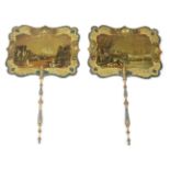 A Pair of Rectangular 19th Century Face Screens or Fixed Fans, lacquered in black and gilded, each