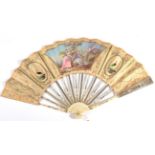 An Early 18th Century French Fan, the silk leaf mounted on pierced, carved and silvered ivory
