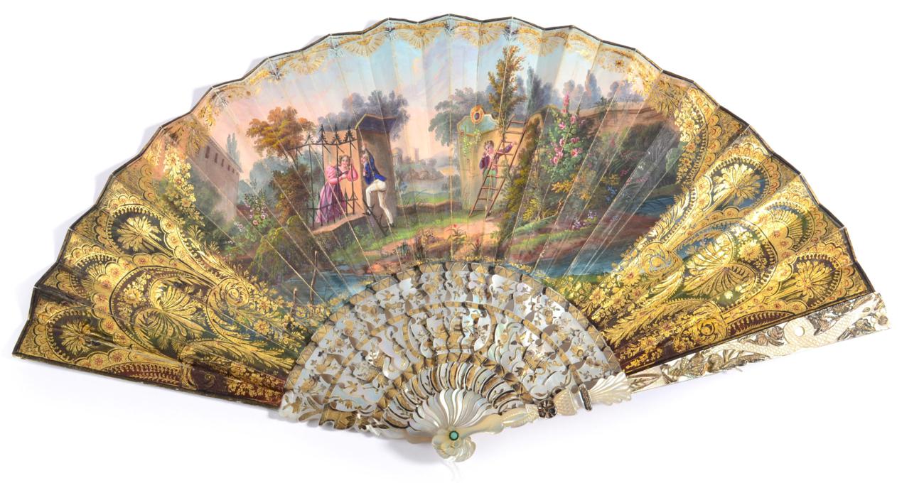 Circa 1830's, A Mother-of-Pearl Fan, with carved, pierced and gilded mother-of-pearl sticks, the