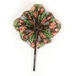 A Late 19th Century Chinese Cockade Fan, the colourful paper leaf mounted on black and gold
