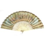 A Mid-19th Century Bone Fan, with double paper leaf, the recto with a pastoral scene of a group of