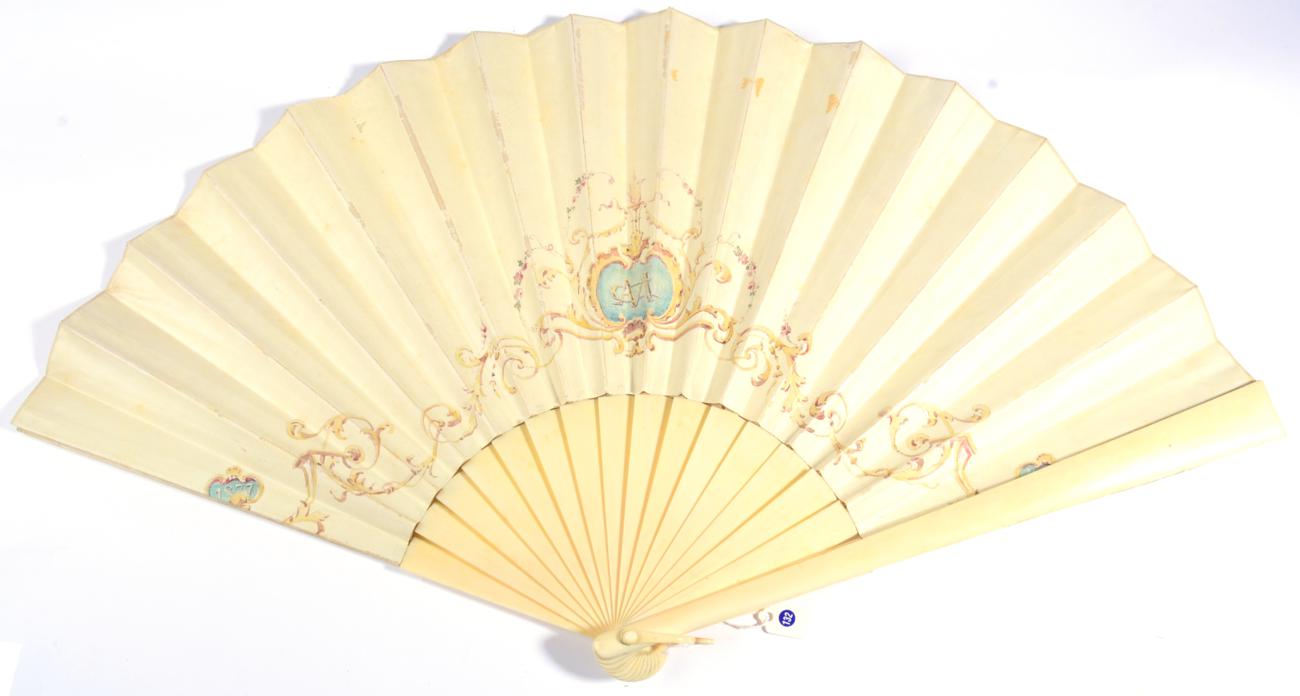 An Ivory Fan Dated 1887, mounted with a double velum leaf, depicting a Mediterranean stone balcony - Image 2 of 3