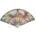 A Slender Mid-18th Century Mother-of-Pearl Fan, the sticks carved, pierced, silvered and gilded,