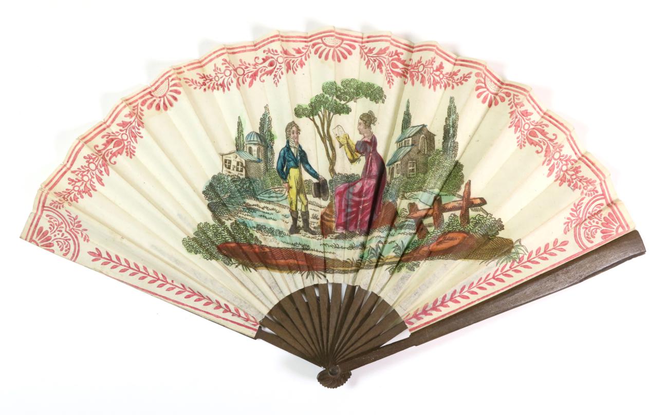 A Regency Printed and Hand-Coloured Fan, the double paper leaf mounted on basic and plain dark