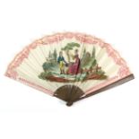 A Regency Printed and Hand-Coloured Fan, the double paper leaf mounted on basic and plain dark