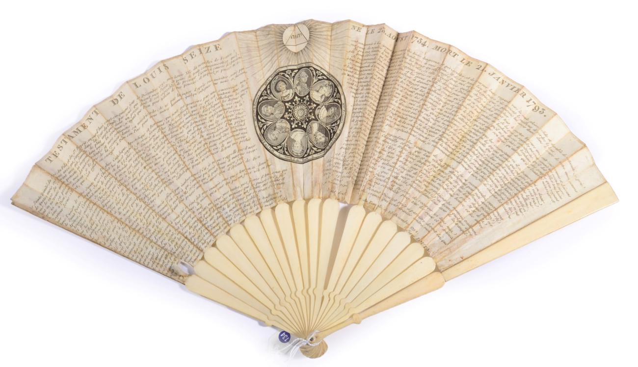 A French Revolutionary Period Printed Fan, 1793, mounted on bone, the double paper leaf printed with